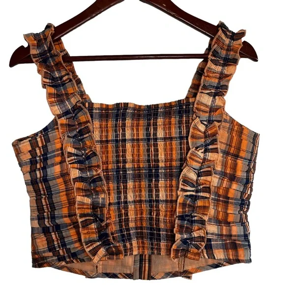 Verb by Pallavi Singhee x Anthropologie Ruffled Plaid Top Smocked Orange Medium - Picture 3 of 15